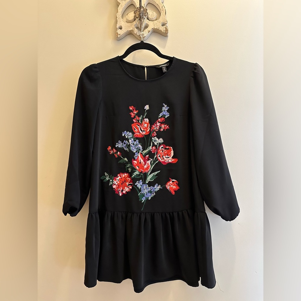 Express Black Drop Waist Dress with Floral Embroidered Detail front